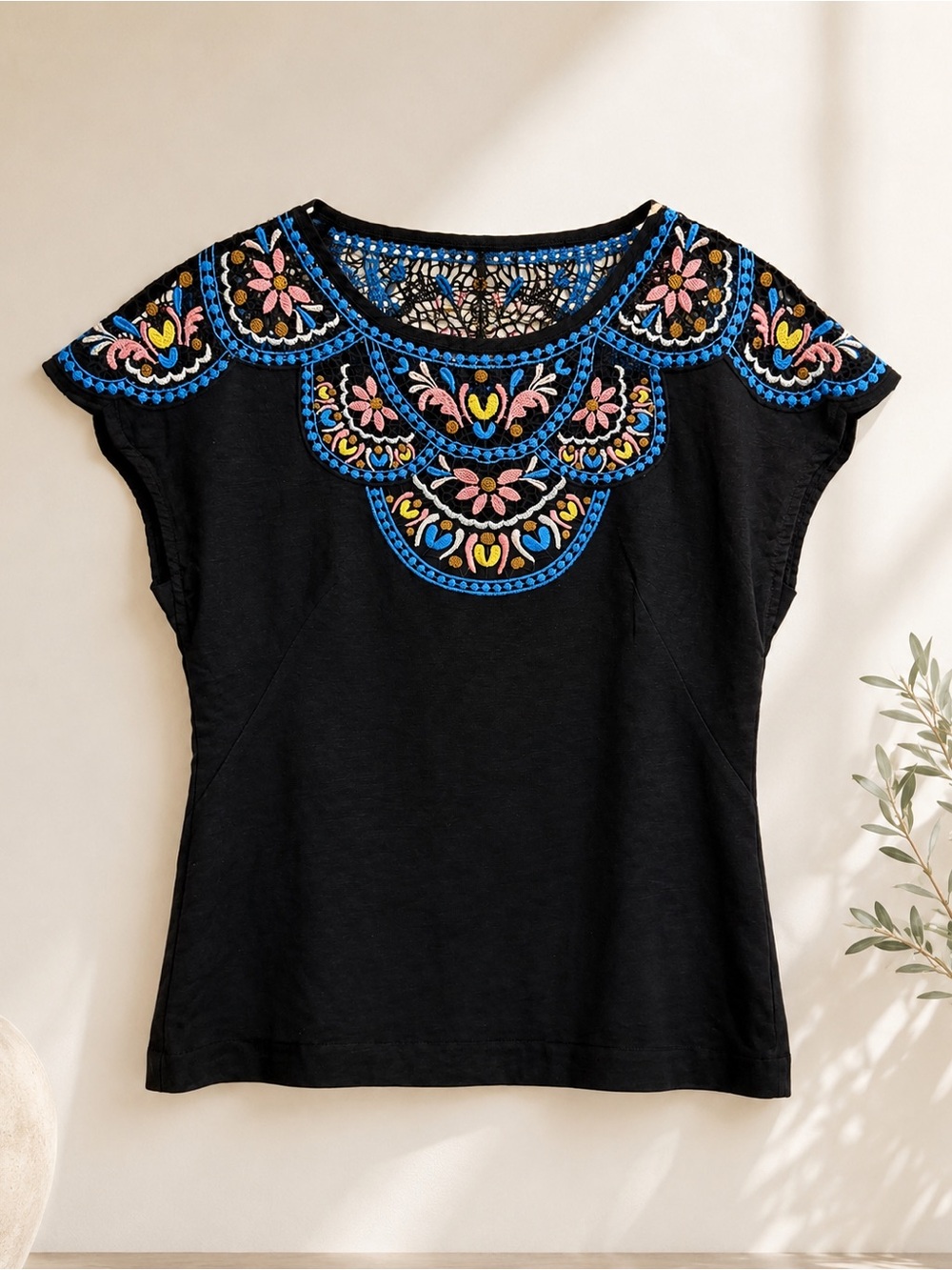 Boden Boho Black Tunic with Blue, Pink, Yellow & Cream Embroidery Jazz neckline